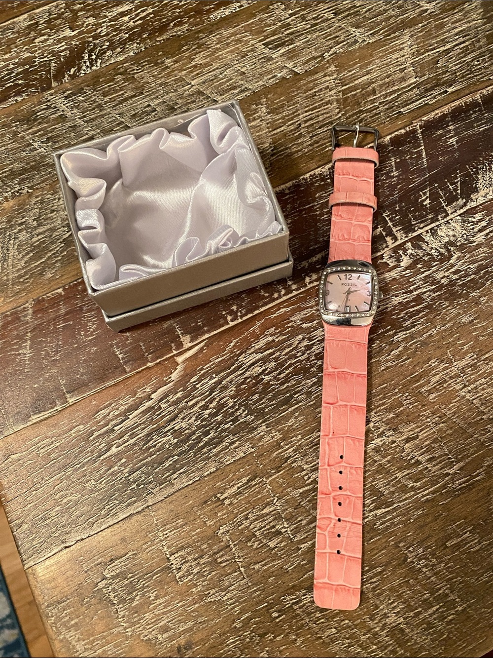 Fossil Pink Croc-Embossed Leather Square Watch with Crystal Bezel
